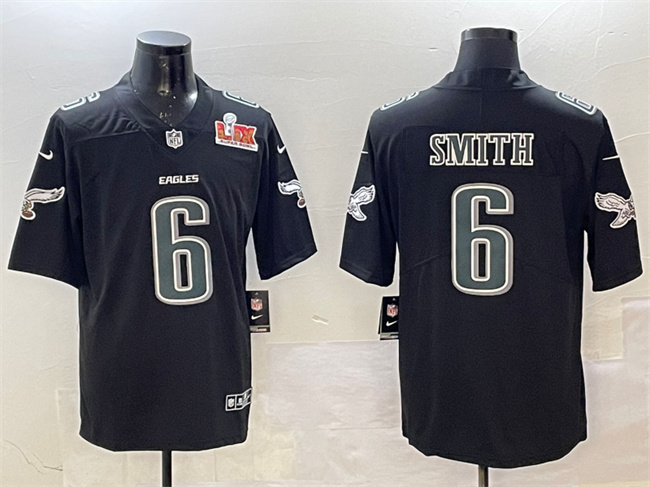 Men's Black Philadelphia Eagles #6 DeVonta Smith 2025 Super Bowl LIX Patch Fashion New Vapor Untouchable Limited Stitched Football Jersey